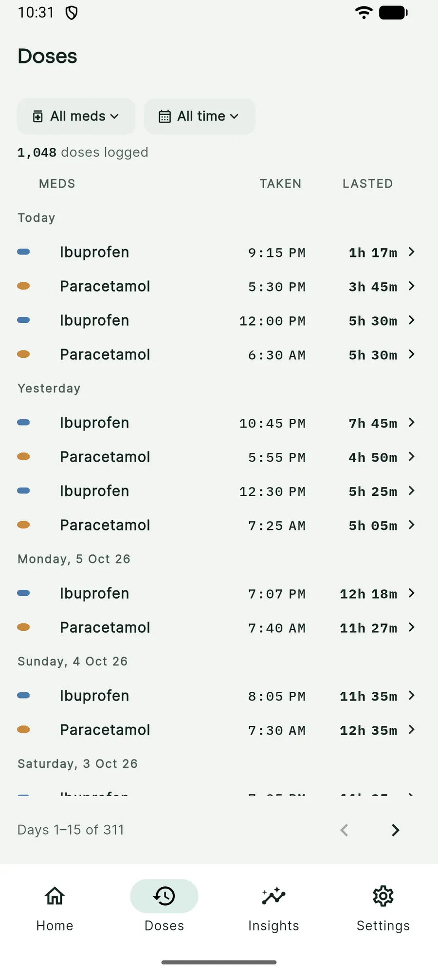 KinPace Doses screen listing each dose by day with how long it lasted