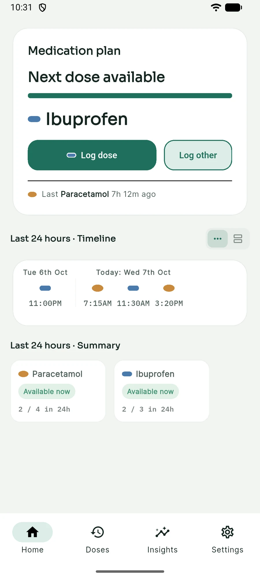 KinPace Home screen showing a medication that is available now, with a Log dose button